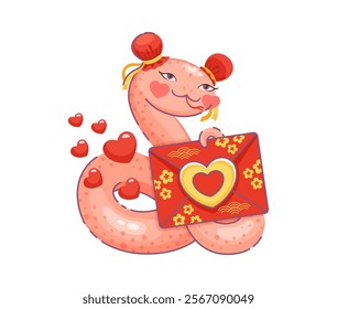 Cartoon valentines day Asian snake with love heart and letter. Vector cute pink reptile with blushing cheeks and festive hair accessories holds a decorated red envelope, surrounded by floating hearts