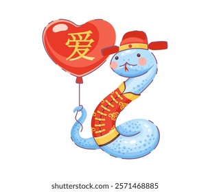 Cartoon valentines day Asian snake with heart shaped balloon with Chinese hieroglyphs for love, symbolizes affection, celebration, and festive joy. Vector cute, blue charming reptile, serpent snake