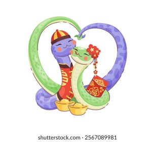 Cartoon valentines day Asian snakes couple dressed in traditional Chinese attire forming a heart shape with their tails. Vector reptile animals with red envelopes, gold ingots, and festive accessories