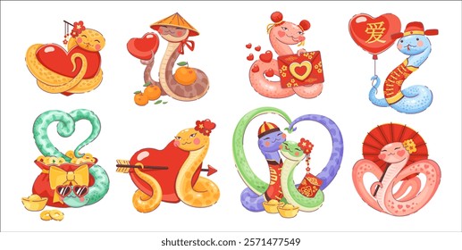 Cartoon valentines day Asian snakes with love hearts, celebrating love, prosperity, and Chinese new year traditions with hearts, red envelopes, mandarin fruits, gold coins and festive accessories