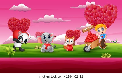 Cartoon Valentines Day celebration in a pink garden