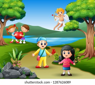 Cartoon Valentines day with children in the park