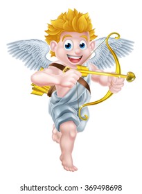 Cartoon valentines day cupid character aiming his golden bow and heart arrow