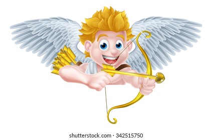 Cartoon valentines day cupid winged angel character shooting his gold bow and heart arrow and over sign