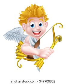 Cartoon valentines day cupid winged angel character holding his gold bow and heart arrow and peeking around a sign