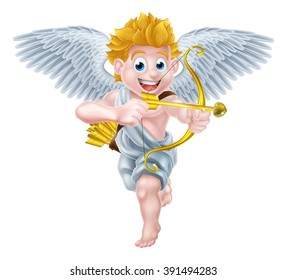 Cartoon valentines day cupid winged angel character holding his gold bow and heart arrow