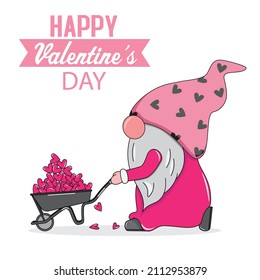 Cartoon Valentine's Day. Cute gnome with wheelbarrow carrying hearts