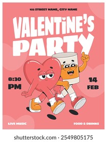 Cartoon Valentine's Day flyer or party invitation with trendy groovy characters. Glass of whisky and pink heart. Retro flyer template design.