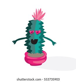 Cartoon valentines day romantic illustration with blooming cactus in love. Holiday flat vector design, on white background.