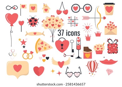  Cartoon Valentine's day romantic stickers. Cute valentines day icons on 14th of February set