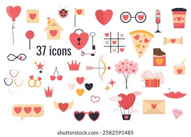  Cartoon Valentine's day romantic stickers. Cute valentines day icons on 14th of February set