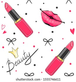 Cartoon valentines girl seamless pattern with pink lipstick, lips and crown. Vector illustration.