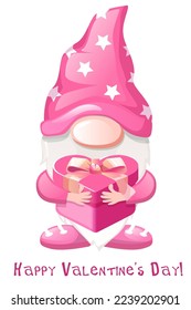 Cartoon Valentines gnome with gift box. Greeting Valentine s day