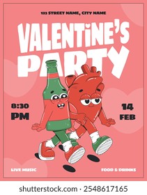 Cartel de invitación de la fiesta de San Valentín de dibujos animados con personajes lindos y groovy. Botella de cerveza y corazón humano. Diseño de Plantilla de volante retro.