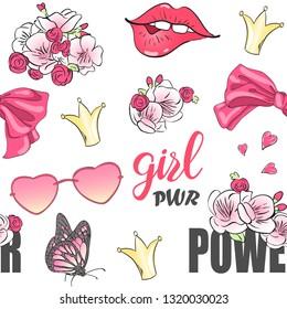 Cartoon valentines power girl seamless pattern with pink heart, lips, sunglasses, flower, crown and bow. Vector illustration.