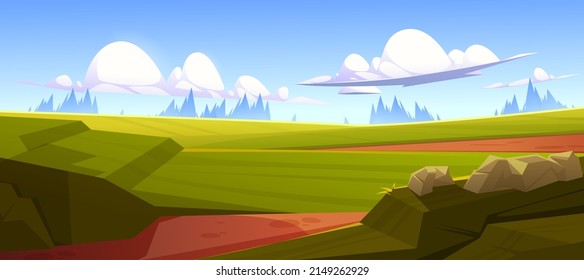 Cartoon valley nature landscape, summer scenery view, rural background with dirt road, green field with grass and rocks under blue sky with fluffy clouds, wild park 2d game scene, Vector illustration