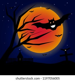Cartoon vampire bat on full Moon background