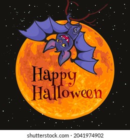 Cartoon vampire bat on full Moon background. Happy Halloween text. Halloween poster, flyer or invitation design template. Hand drown illustration.