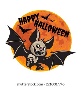 Cartoon vampire bat on full Moon background. Happy Halloween text. Halloween poster, flyer or invitation design template. Hand drown vector illustration.