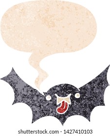 murciélago vampiro de dibujos animados con burbuja de habla en un estilo retro angustioso y con texturas estrafalarias