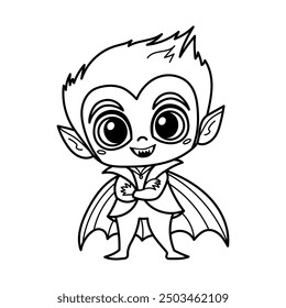 Cartoon vampire with big eyes, sharp fangs and bat wings, perfect for Halloween-themed projects, kids' coloring books