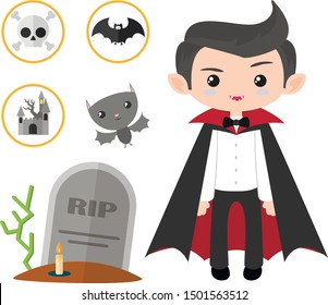 Cartoon vampire in black cloak, gravestone, bat, candle, castle and skull icons. Illustration for Halloween
