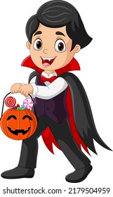 Cartoon Vampire Boy Holding Candy In A Pumpkin Basket