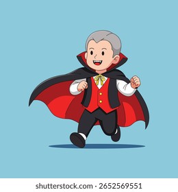 Niño vampiro de dibujos animados corriendo con traje de Halloween de capa