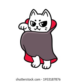 Cartoon vampire cat character drawing, funny Halloween costume. Cute kitty in Dracula cape. Isolated vector clip art illustration.