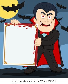 Cartoon Vampire character holding empty blood stained sign board. Full moon & bats in the Background.  Halloween themed Illustration.  Copy space for your message.