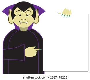 A cartoon vampire is excited about what is on the sign he is holding