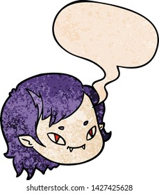 cartoon vampire girl face with speech bubble in retro texture style