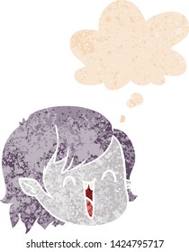 cartoon vampire girl face with thought bubble in grunge distressed retro textured style