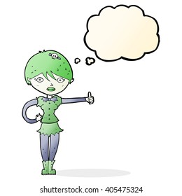 cartoon vampire girl giving thumbs up symbol with thought bubble