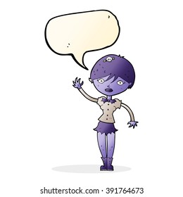 cartoon vampire girl waving with speech bubble