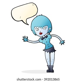 cartoon vampire girl welcoming with speech bubble