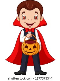 Cartoon vampire holding pumpkin basket
