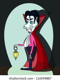 Cartoon vampire with a lantern, vector illustration