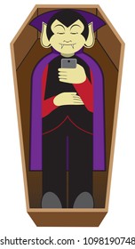 A cartoon vampire is lying in his coffin staring at his cell phone