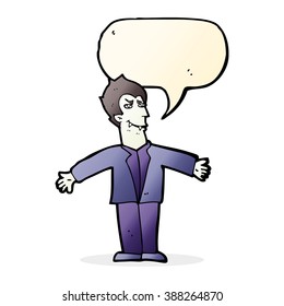 cartoon vampire man with open arms with speech bubble
