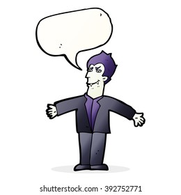 caricaturista vampiro con los brazos abiertos con burbuja de habla