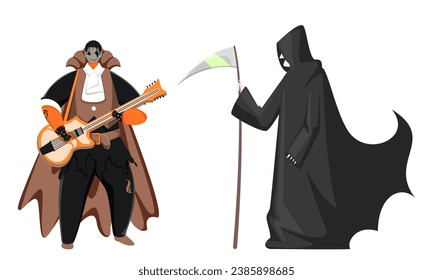 Cartoon Vampire Man Playing Guitar and Grim Reaper Character.