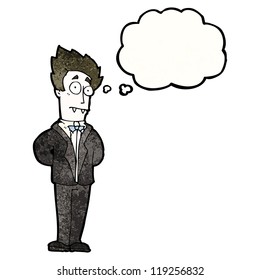 cartoon vampire man with thought bubble
