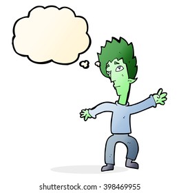 cartoon vampire man with thought bubble