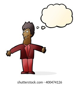 cartoon vampire man with thought bubble