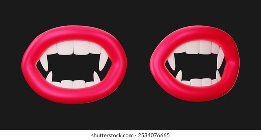 Cartoon vampire mouths with sharp white fangs and bright pink lips are wide open on a black background, 3d vector design element for Halloween.