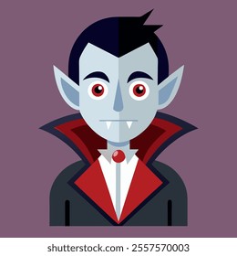 A cartoon vampire with red eyes and a black suit