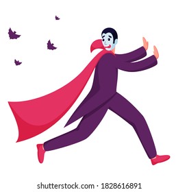 Cartoon Vampire running away from bats on white background.