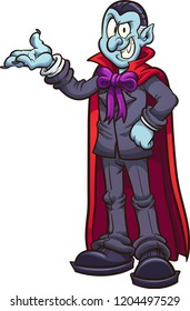 Cartoon vampire showcasing something.  Vector clip art illustration with simple gradients. All in a single layer. 
