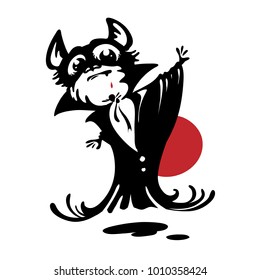 Cartoon Vampire Silhouette floating in front of the Sun. Comics style vector illustration.